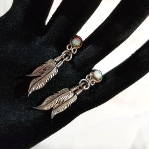Vintage Native American Sterling Silver Opal Navajo Feather Dangle Post Earrings